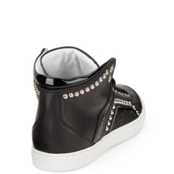 Alessandro Dell' Acqua Studded High-Top Leather Sneaker Shoe Black